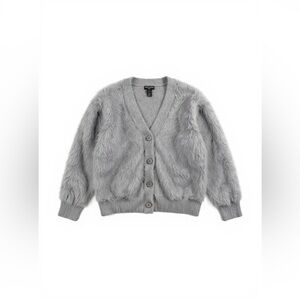 PrettyLittleThing Petite Grey Fluffy Knit V Neck‎ Cardigan Sweater Size M